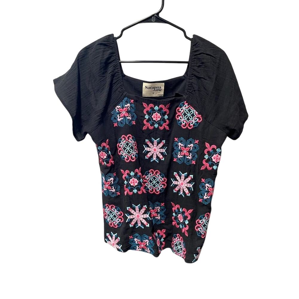 Savanna Jane Women's M Black Embroidered Floral Square Neck Blouse Boho Festival
